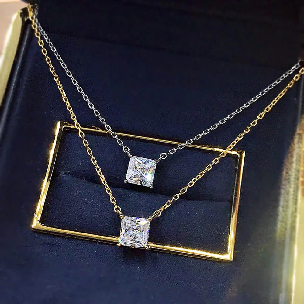 1CT Princess Cut Solitaire Square Moissanite Diamond Pendant Necklace 18k Gold Plated 925 Sterling Silver Sparkling Jewelry Gift
