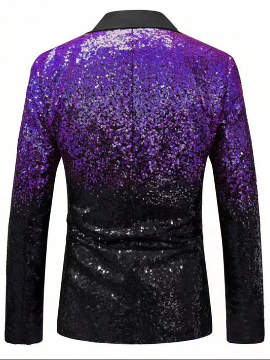 Shiny Sequin Tuxedo Jacket for Men - Royal Blue & Gold Gradient, Black Lapel, Formal Party/Wedding/Stage Wear Coat.