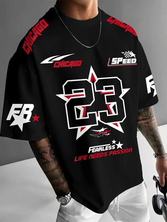 New Summer Men's Chicago Black Red and White Printed 23 Pattern Round Neck Breathable Casual T-shirt Loose Outdoor Top