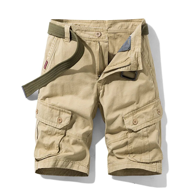 Summer Cargo Shorts Men's Pure Cotton Vintage Washed Multi Pocket Casual Straight Leg Trendy Knee Length Pants Streetwear