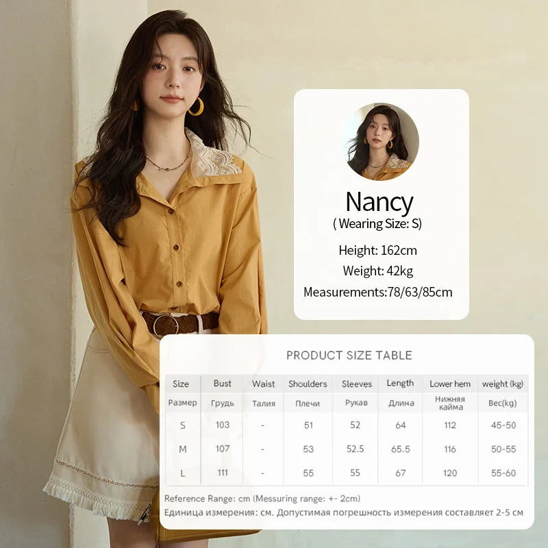 Autumn Solid Cotton Shirt Autumn V-neck Double-layer Lace Retro Design Shirts Single Breasted Tops Office Lady MXE41C2366