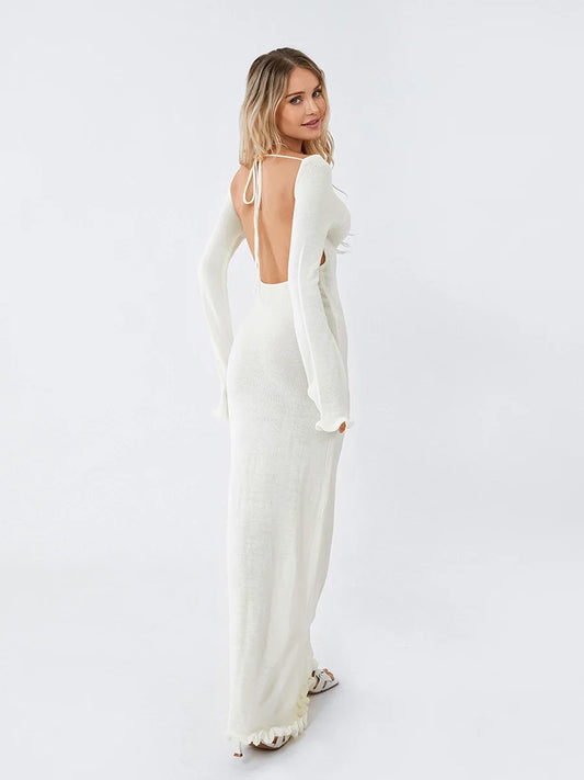 Women's Autumn Winter Knitted Bodycon Dress Long Sleeve Tie Backless Round Neck Solid Color Ruffle Trim Long Dress Beachwear
