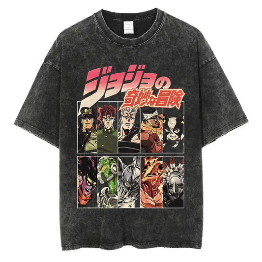Vintage Washed TShirt Men Summer Hip Hop Streetwear T-shirt JoJo Bizarre Adventure Anime Print Cotton Casual Short Sleeve Tshirt