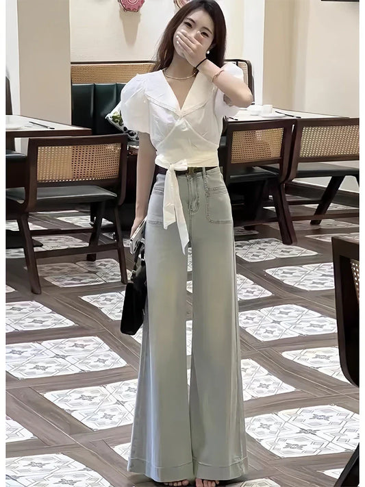 Light Wa Wide Leg Oversized Jeans Women's Small Size Loose Slimming Lazy Versatile Drapey Flared Floor-Length Trendy Pants