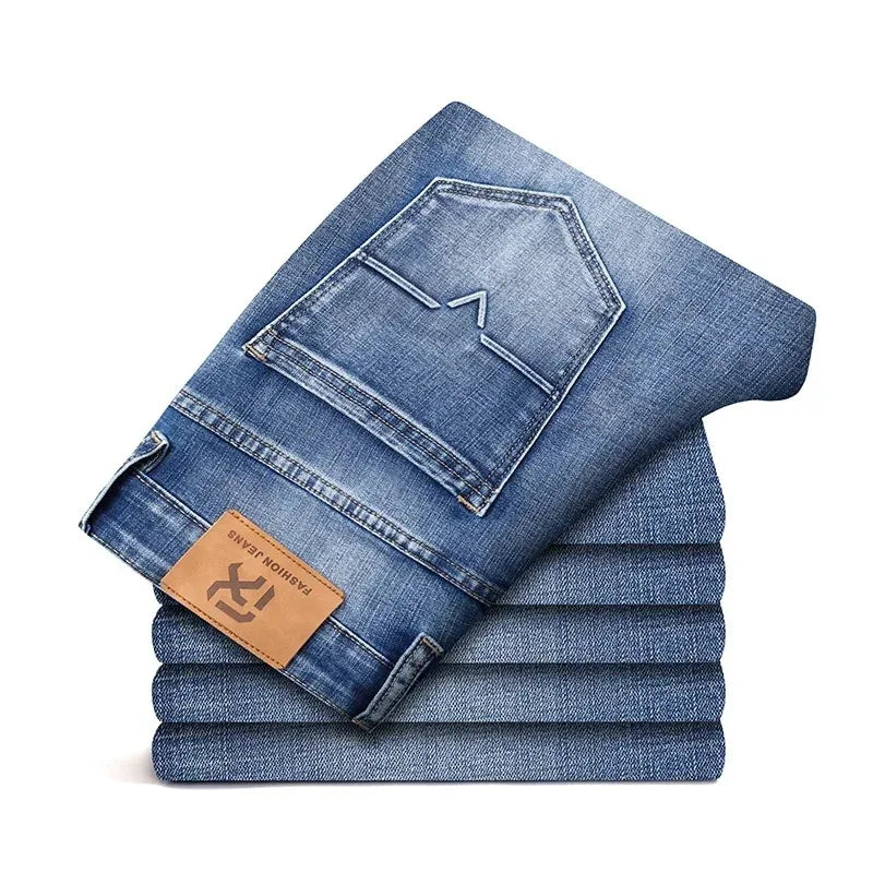 2026 Regular Fit Jeans Classic Style Spring Summer New Men's Light Blue Stretch Denim Fabric Pants Male Brand