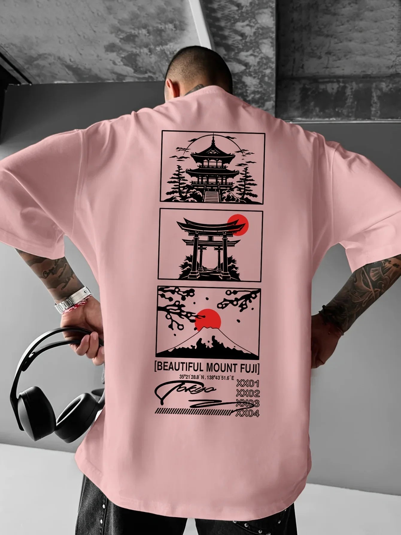 Men Summer Streetwear Printed T-shirt with Cherry and Mount Fuji Patterns Loose Round-neck Casual Top Fashionable and Versatile