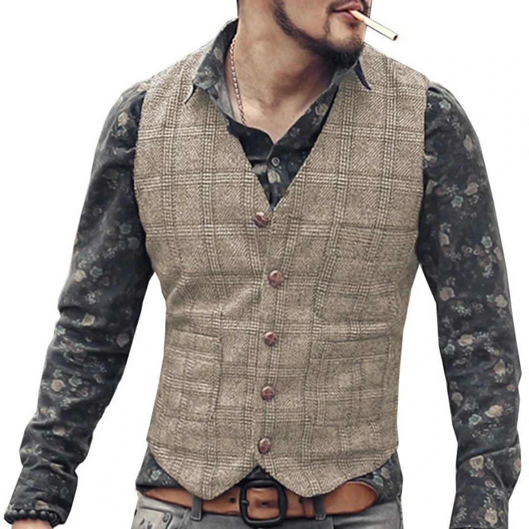 Men Vest Gray Checkered Single Button V Neck Waistcoat For Wedding Party Prom Business Work Office Daily Casual Men Suit Vest