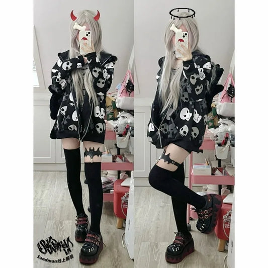 Spring style niche street fashion trend couple's new skull print hoodie long sleeved loose casual outdoor series hoodie