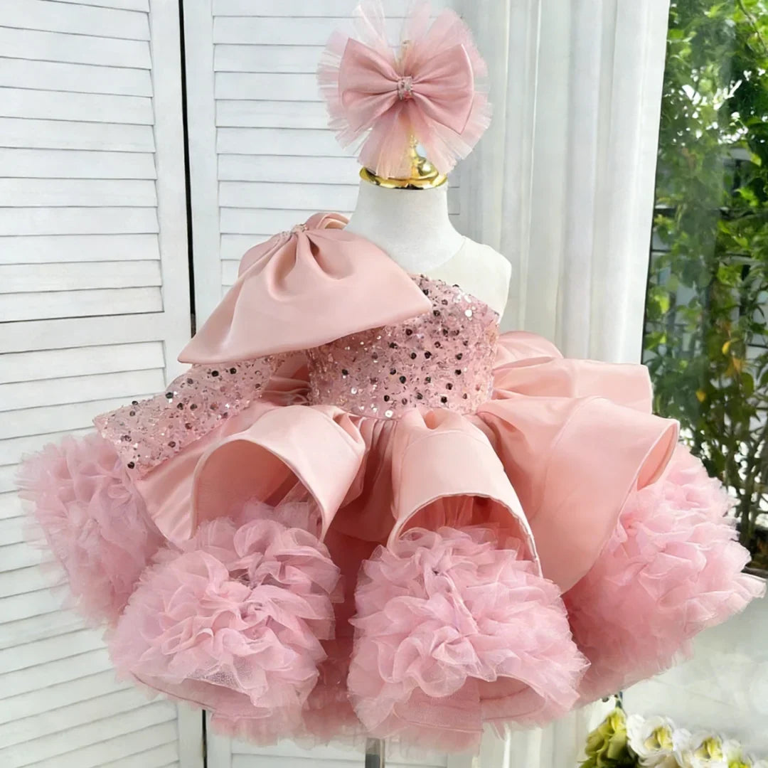 Customized Flower Girl Dresses Dusty Pink Sequin Satin Tulle With Bow For Wedding Birthday Party Prom Evening Banquet Ball Gown