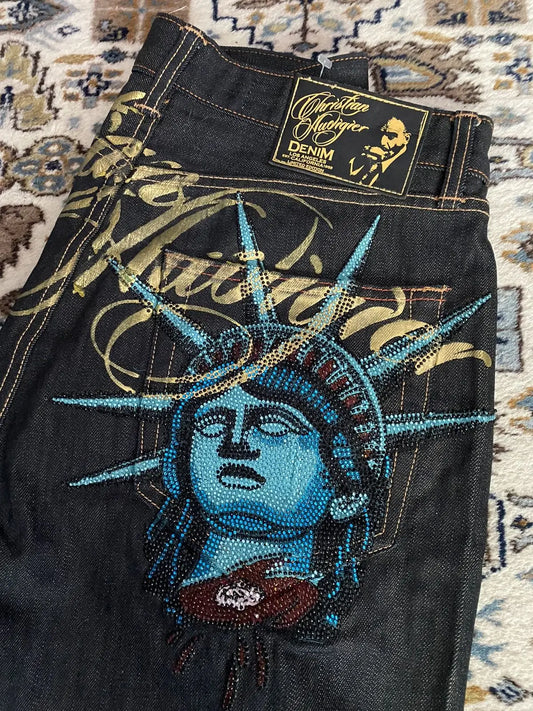 2000s Vintage Statue of liberty Diamonds Jeans Casual Denim Pants High Waist Straight Wide Leg Jeans Harajuku Y2k Women Clothing