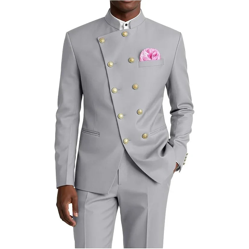 Men's Chinese Style Suit 2 Piece Brown Mandarin Collar Double Breasted With Gold Buttons Formal Jacket Pants For Business Weddin