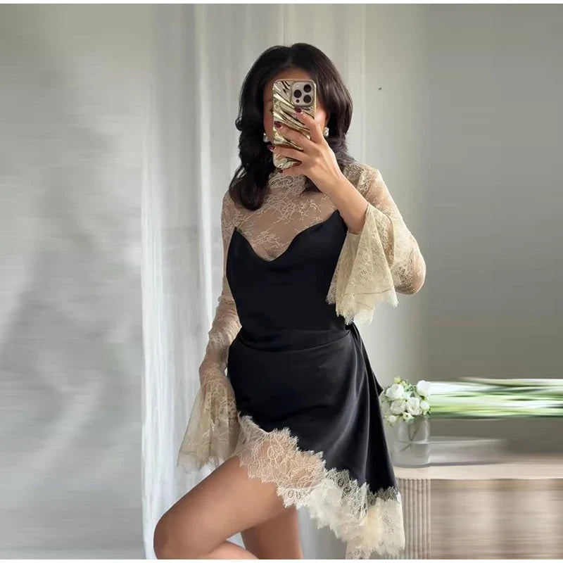Elegant Lace Trim Satin Dress Women High Neck Color Block Full Sleeve Y2K Mini Dresses 2026 Spring Lady New Sexy Party Clubwear