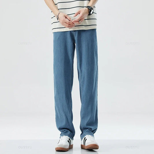 New Summer Thin Soft Lyocell Fabric Men's Jeans Classic Straight Denim Pants Work Wide Leg Casual Trousers Male Big Size 40 42
