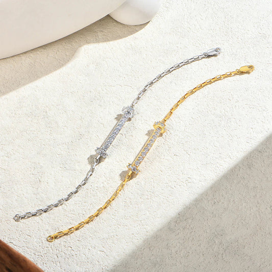 Bracelet en Moissanite à Barrette Horizontale pour Femmes et Hommes, Argent S925, Chaîne Forçat en Or 18 carats, Bijoux de Soirée Minimalistes et Tendance, Cadeau