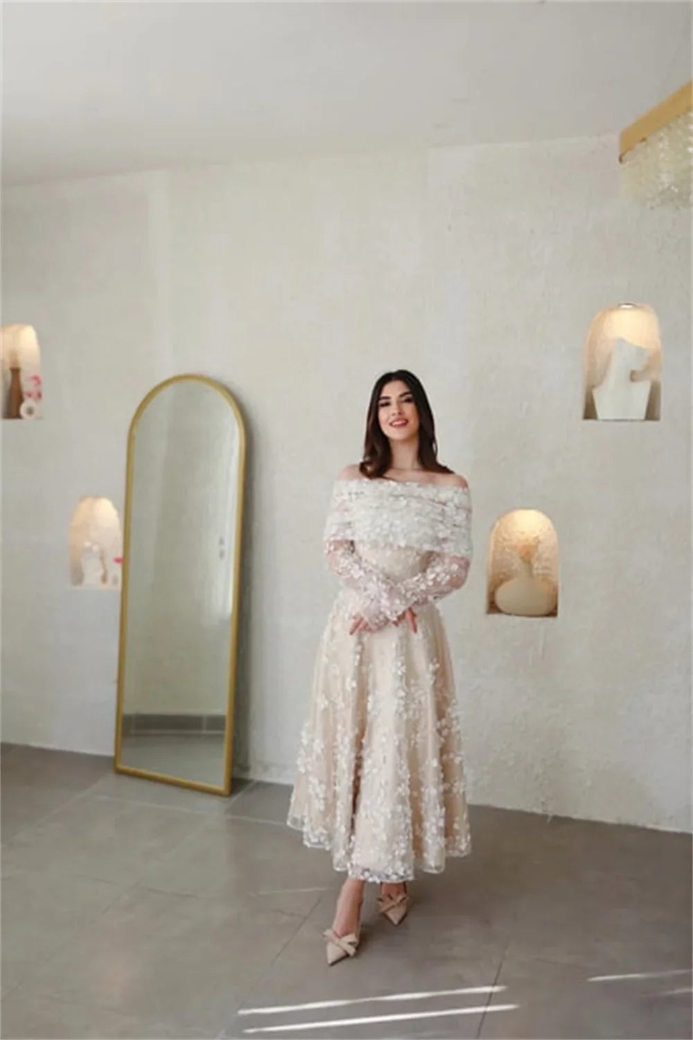 Champagn Tulle Evening dresses Off the Shoulder A-line Vestidos De Fiesta Elegant Long Sleeves Ankle-length فساتين سهرة