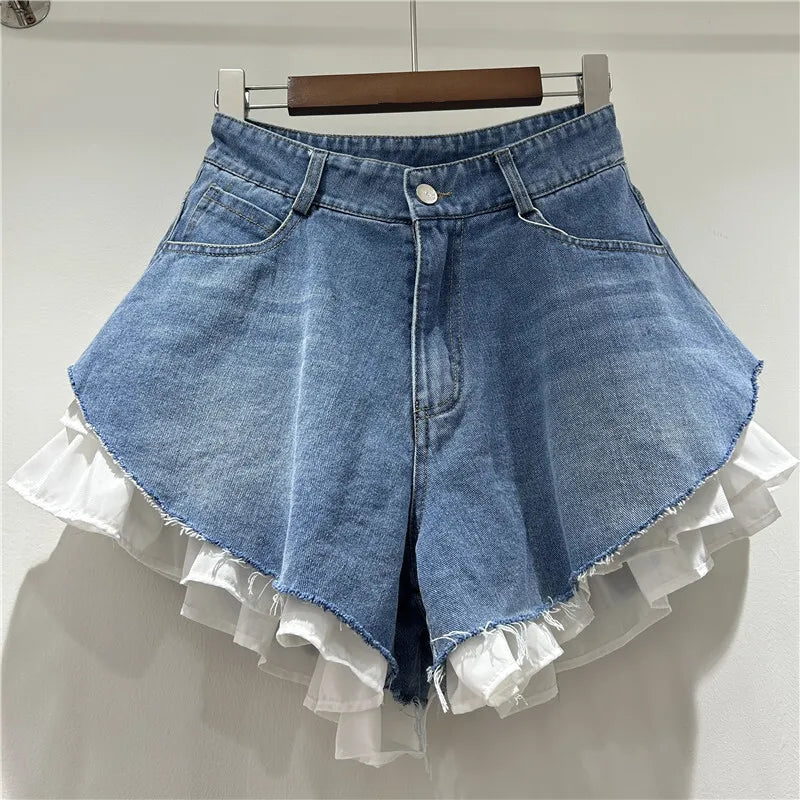 New Fashion Women's Patchwork Hem Wash Denim Shorts 2025 Summer Trendy High Waist A-line Short Pants Female 1LS1393