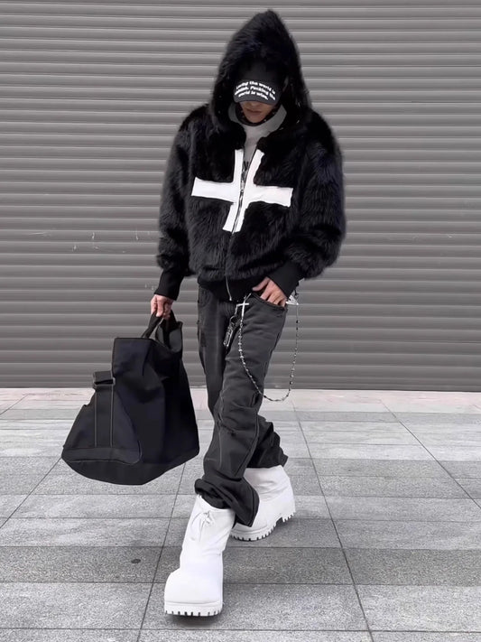 Winter Short Cool Warm Soft Hairy Faux Fur Coat Men with Hood Rivet Luxury Designer Punk Style Clothes Fluffy Jacket