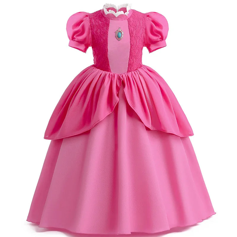 Princess Peach Chiffon Lace Girls Cosplay Dress Baby Kids Vestidos Party Dresses Carnival Halloween Costume for 3-11 years