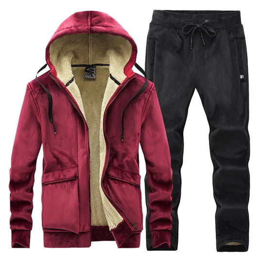 Mens Fleece Warm Tracksuit Male Winter Warm Hooded Fashion Sets Mens Hoodies + Pants Sportswear Sets WinterThick Set