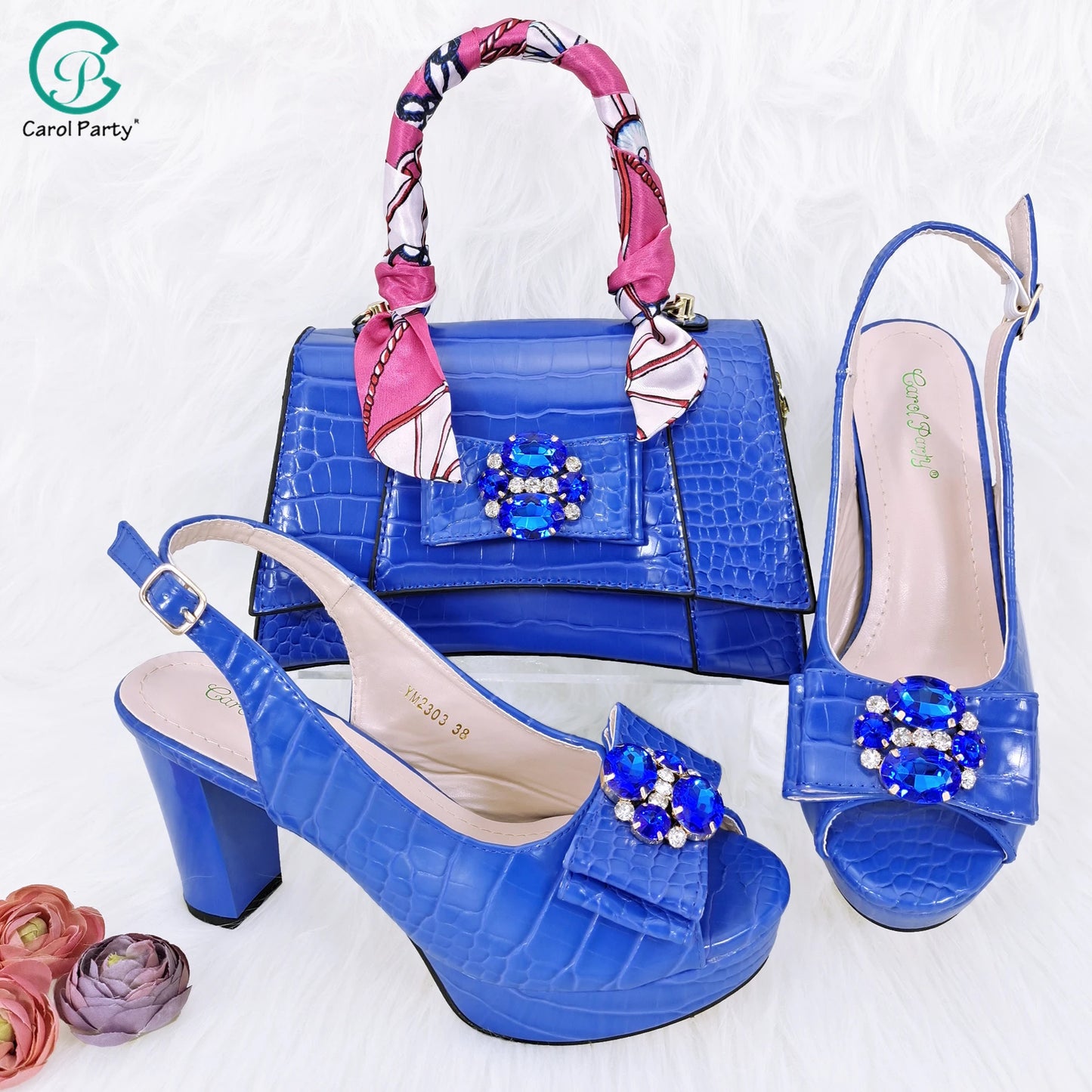 Crocodile Textured Ribbon And Colorful Crystal Embellished Clutch With Long Shoulder Strap Women's Shoes And Bag Set