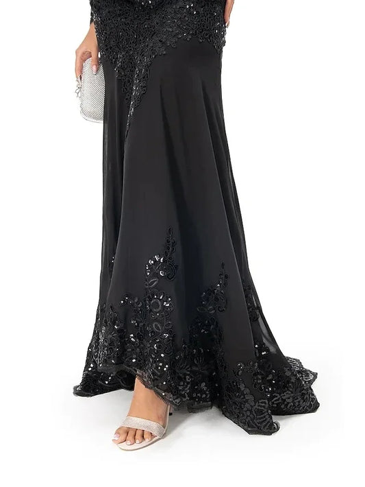 Mermaid / Trumpet Evening Gown Sparkle Dress Homecoming Sweep / Brush Train Long Sleeve Illusion Neck Lace with Appliques 2023