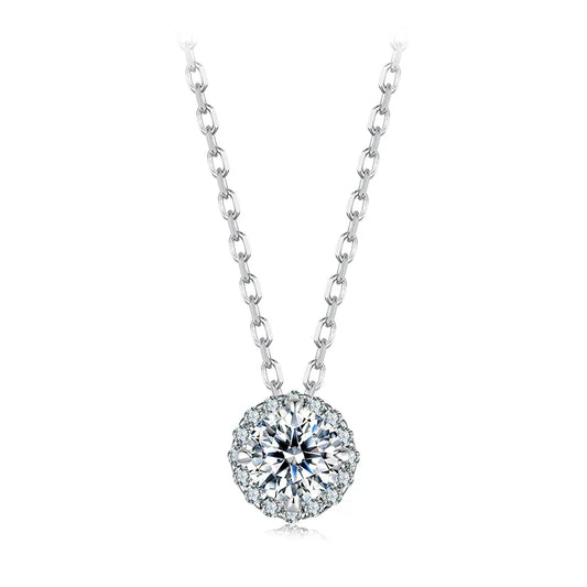 925 Sterling Silver Round Halo Moissanite Necklace, White Gold Plated Classic Elegant Necklace Engagement Jewellry Gift
