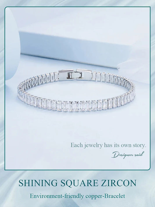 Bracelet Authentique Zircon Carré Scintillant Plaqué Platine pour Femme Cadeau Bijoux de Mode Exquis YIB055