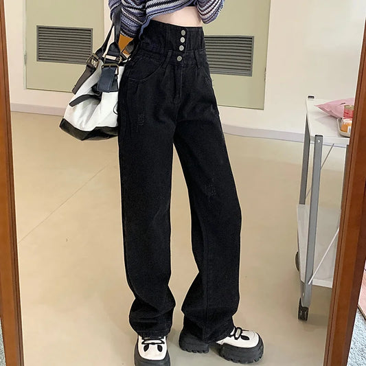 Hight Waist Denim Pant Women Jeans Vintage Straight Trousers Jeans Autumn Spring Fashion Female Black Casual Wide Leg Pants