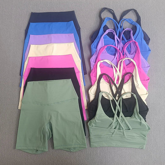 Women's 2-Piece Yoga Set Tights Shorts For Woman Cross Back Bra Top + High Waist Shorts Fitness Running Workout Tracksuit