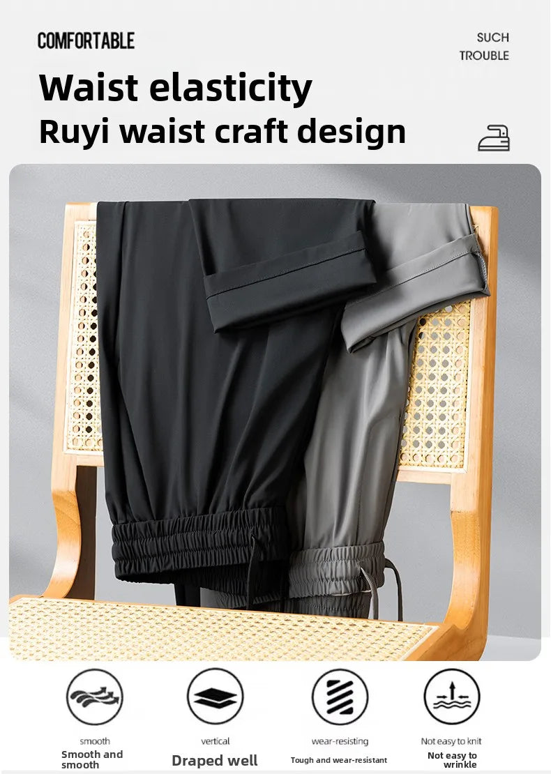 High Quality Ice Silk Stretch New Brand Casual Fashion Elastic Strappy Long Pants Street Style Pencil Teens Trousers Men Clothes