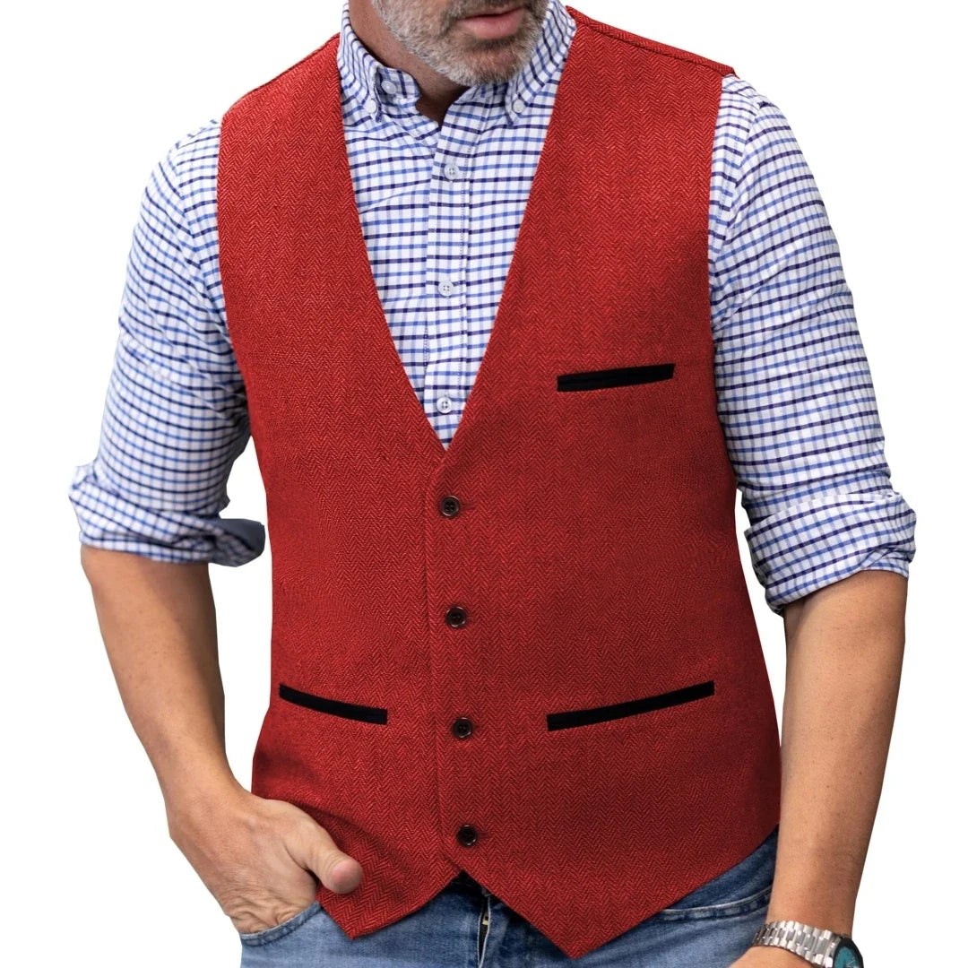 Men Vest Brown V Neck Single ButtonTweed Casual Business Waistcoat For Wedding Party Banquet Prom Work Men Suit Vest