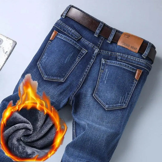 2025 Winter Men's Large Plush Thick Jeans Fashion Casual Versatile Business Jeans Warm and Cold Resistant Black Blue Denim Pants