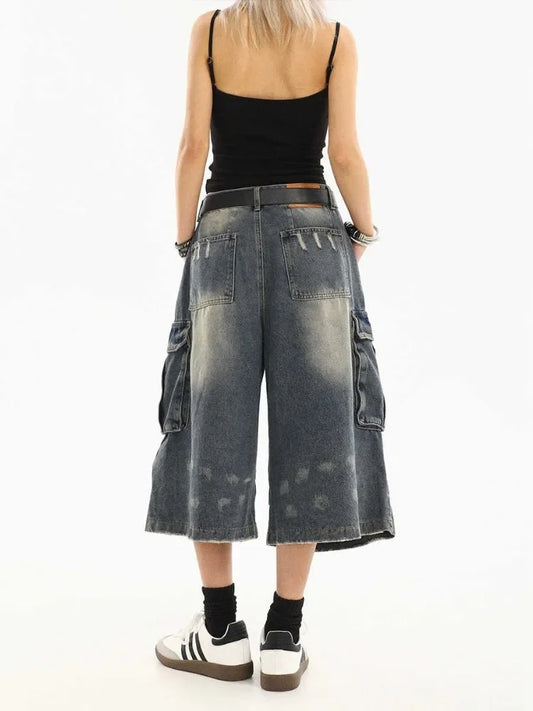 High Waist Retro Blue Washed Denim Shorts Women's Harajuku Vintage Fashion Casual Loose Y2K Streetwear Wide Leg Cropped Pants