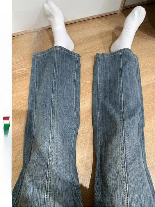Retro Texture Wide Leg Denim Pants Loose Drapey Straight Long Trousers for Women High Waist Zipper Closure Casual Sle