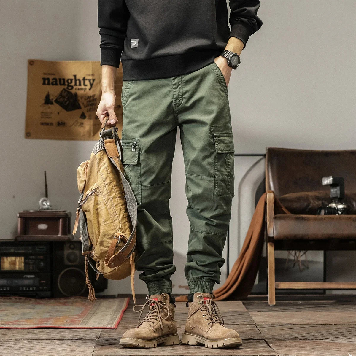 Length Men's Cargo Pant Cotton Stretch Casual Camouflage Trouser Male Camo Cuff Jogger Multi Zip Pocket Outfit Zipper Tied