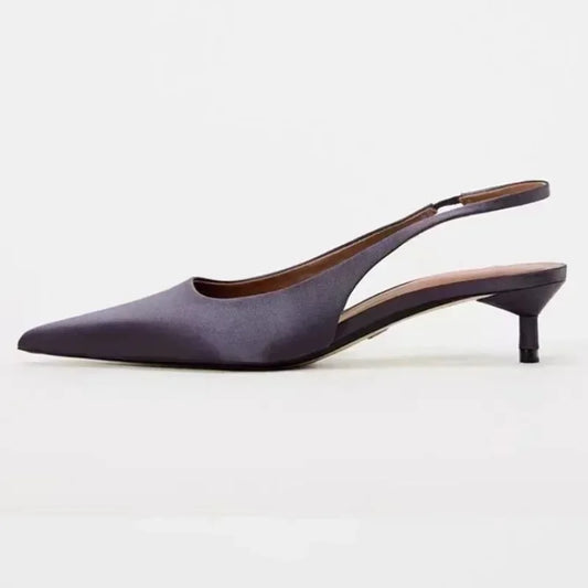 Elegant Purple Satin Low Heel Women Pumps Sexy Pointed Toe High Heels for Women Hollow Back Strap Mules Fashion Party Dress Shoe