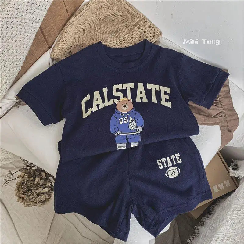 Print Cartoon Pattern Boys Short Sleeve T-shirt Suit 2025 Summer Clothing Loose Casual Kids Tracksuits Toddler Costume Outfits