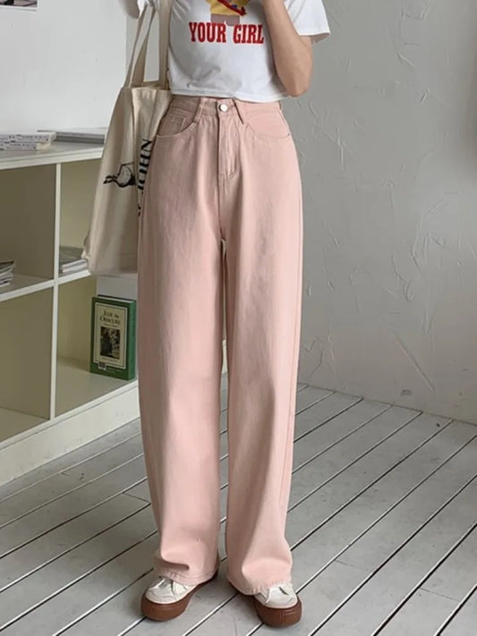 Korean Sle Simple Pure Color Wide Leg Jeans Pants for Women Summer Season Fall Collection Faion Ladies Premium Denim