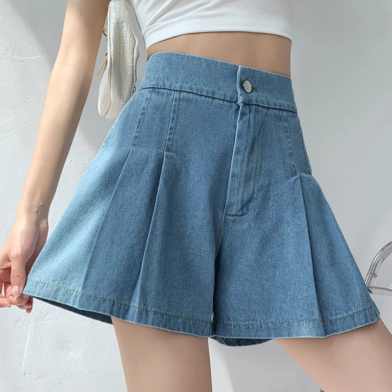 2024 Summer Plus Size Denim Shorts For Women High Elastic Waist Blue Or Sky Blue Pleated Mini Large Size Short Femme
