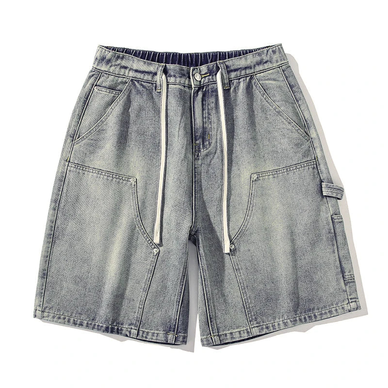 Fashion Streetwear Men's Denim Shorts Summer Loose Vintage Harajuku Splicing Hip-hop Cargo Moto Short Jeans Black Blue