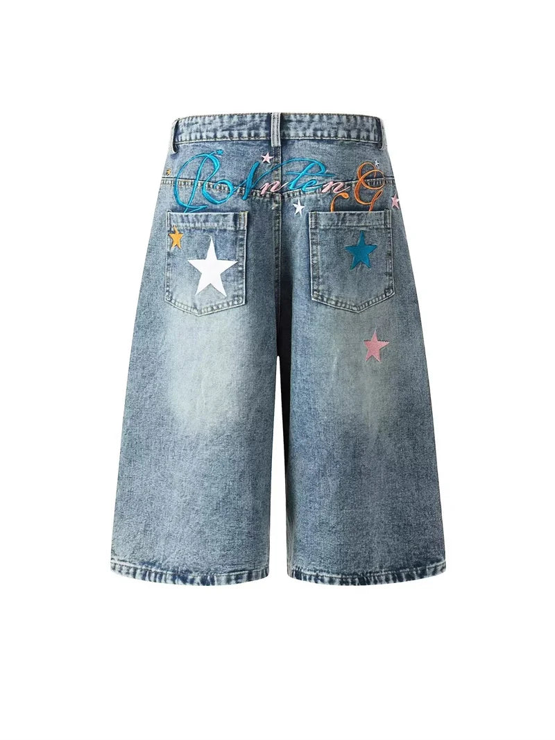 New Letter Star Embroidered Baggy Short Jeans For Men High Street Fashion Straight Y2K Jorts American Retro Blue Denim Shorts