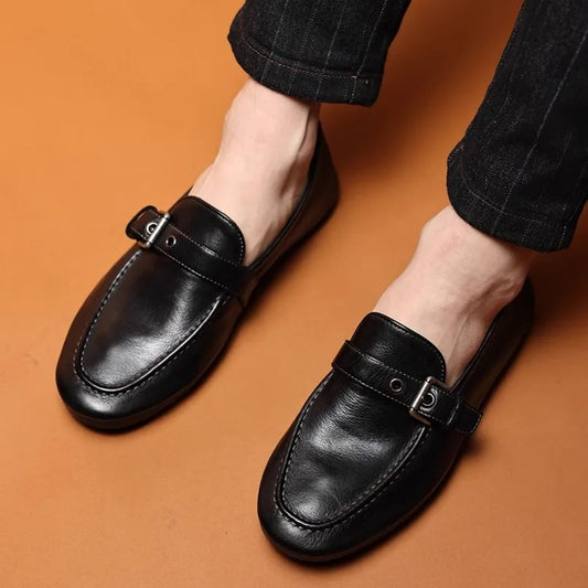 High-end Washed Genuine Leather Loafers Men's Shoes Slip on Fashion Trendy Casual Dress Work Leather Shoes Male Flats