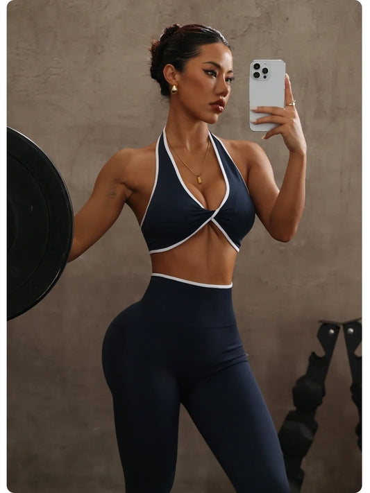 ZHEJIN 2 Piece Yoga Set Women Contrast Trim Halter Sports Bra High Waist Seamless Leggings Gym Workout Set Fitness Activewear Su