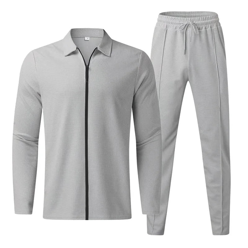 2024 men's new waffle long-sleeved lapel zipper cardigan casual sports suit