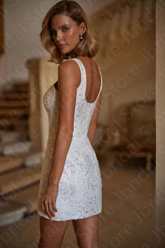 Customized Classic Sparkling Wedding Dresses Sequined Bridal Gowns Lace Short Bride Dresses Square Neck Wedding Gowns Sleeveless