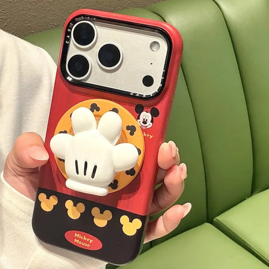 Cute Mickey Glove For Magnetic Phone Case with Stand 3D Hand Shape Grip Holder for 17 16 15 14 13 Pro Max Disney Cartoon Cover.