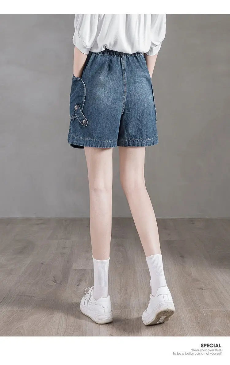 Women's High Waist Elastic Waist Wide Leg Denim Shorts