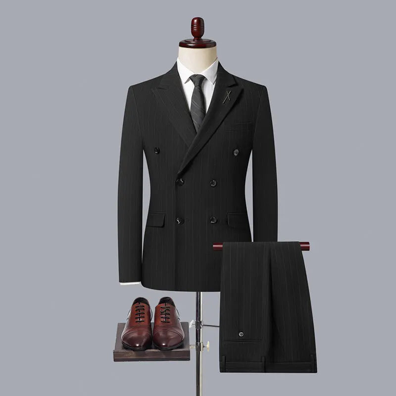 2025 Korean High Quality Double-Breasted British Style Slim Business Suit Two-Piece Set (Suit + Trousers)