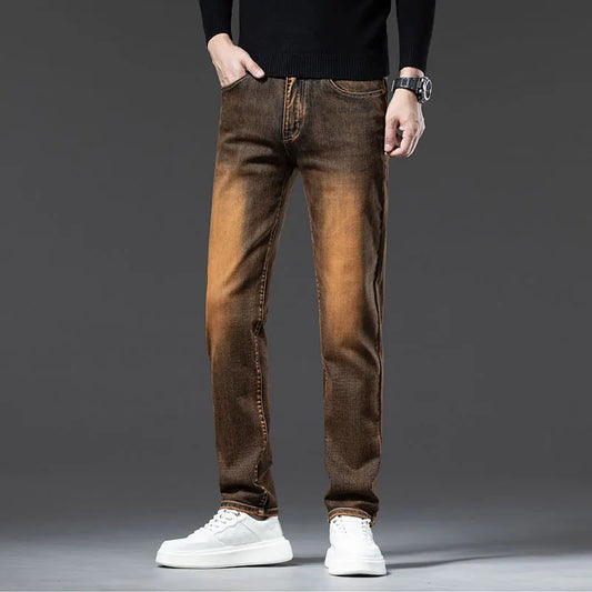 2025 New High-end High-quality Denim Double-core Cotton Elastic Jeans Retro Nostalgic Men's Straight-fit Trousers