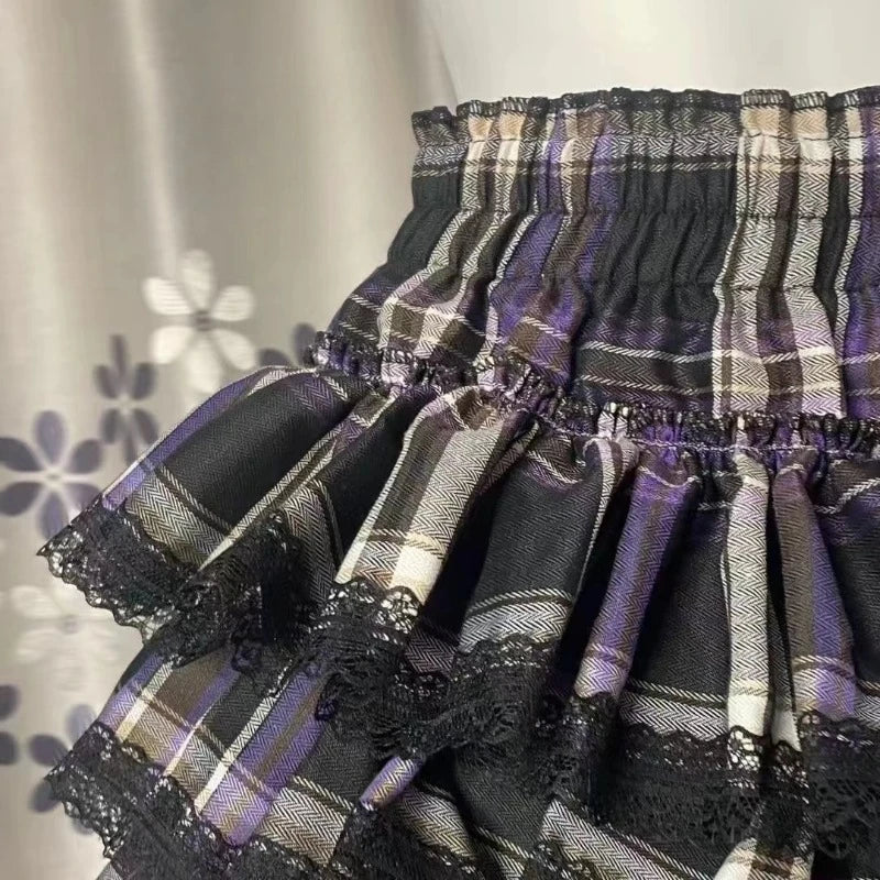 Y2k Harajuku Gothic Lolita Kawaii Plaid Mini Skirts Women Punk Vintage Lace Cake Skirt Subculture Fashion Ball Gown Short Skirts